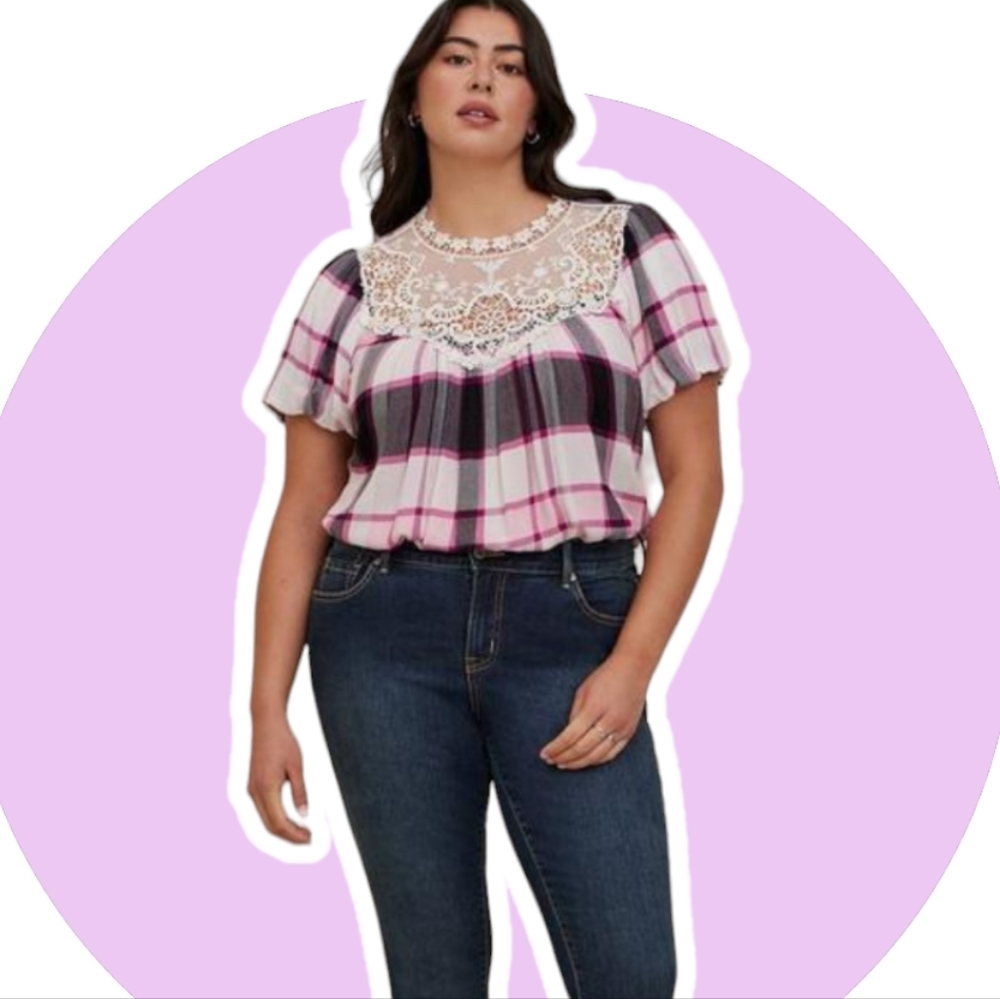 Torrid Plaid Pink & Lavender Crinkle Top Plus Sz 2X - Picture 3 of 5